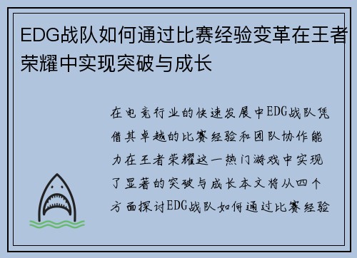 EDG战队如何通过比赛经验变革在王者荣耀中实现突破与成长